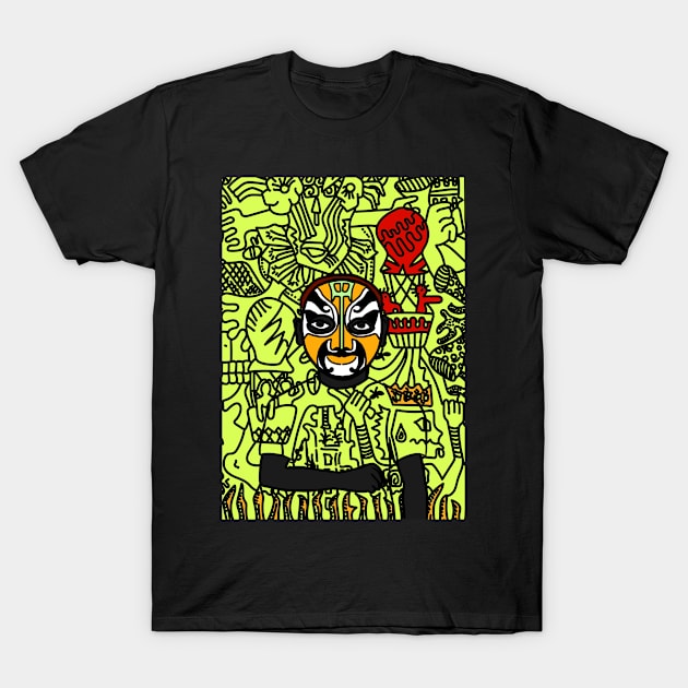 Explore the Enigmatic Carcosa - A MaleMask NFT with ChineseEye Color and Doodle Background T-Shirt by Hashed Art